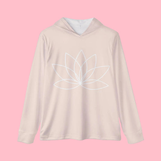 Light pink hoodie with a white lotus flower design on a white background