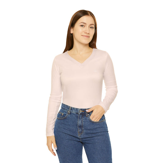 Elated Hippie Peachy Cream Stylish Women's Long Sleeve V-Neck Shirt, Fashionable Casual Top, Perfect for Spring, Summer, and Layering, Gift for Her, Comfy