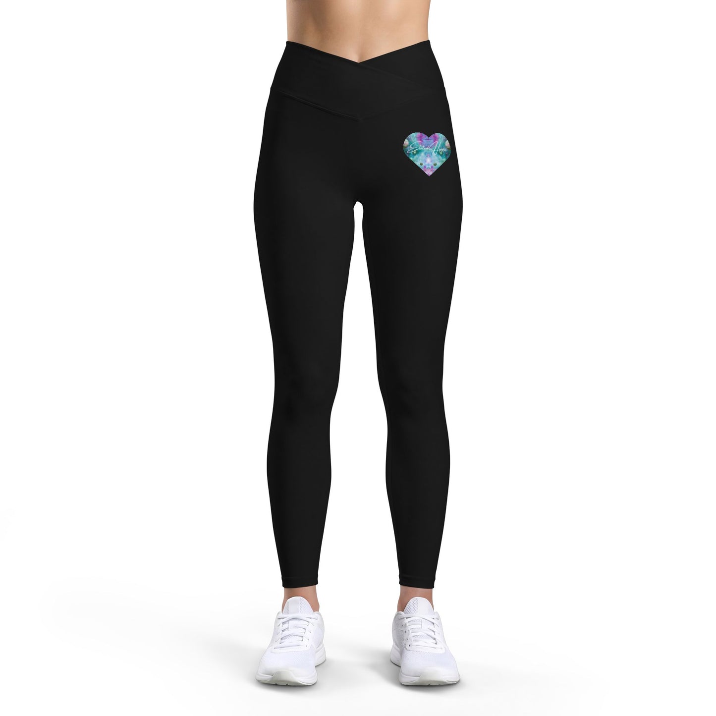 Elated Hipppie Heart Accent Women’s Leggings — Teal Violet Watercolor Hip Hearts