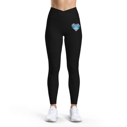 Elated Hipppie Heart Accent Women’s Leggings — Teal Violet Watercolor Hip Hearts