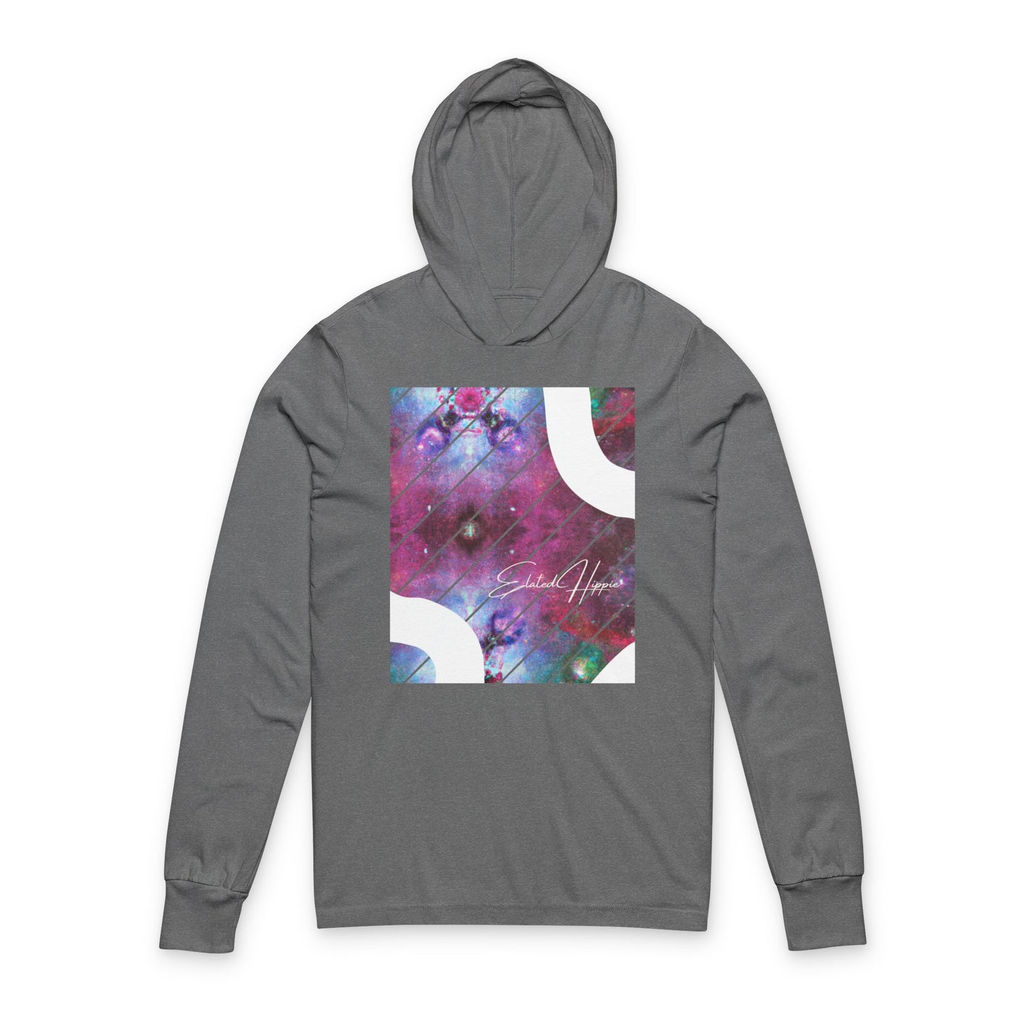 Elated Hippie Cosmic 100% Airlume Cotton Unisex Hooded Long Sleeve Tee,  Astronaut Gift, Galaxy Print Shirt, Space Theme Apparel, Trendy Streetwear, Comfort Wear