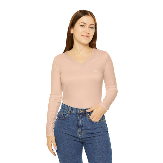 Elated Hippie - Light Peach Blush Pink Stylish Women's Long Sleeve V-Neck Shirt, Fashionable Casual Top, Perfect for Spring, Summer, and Layering, Gift for Her, Comfy