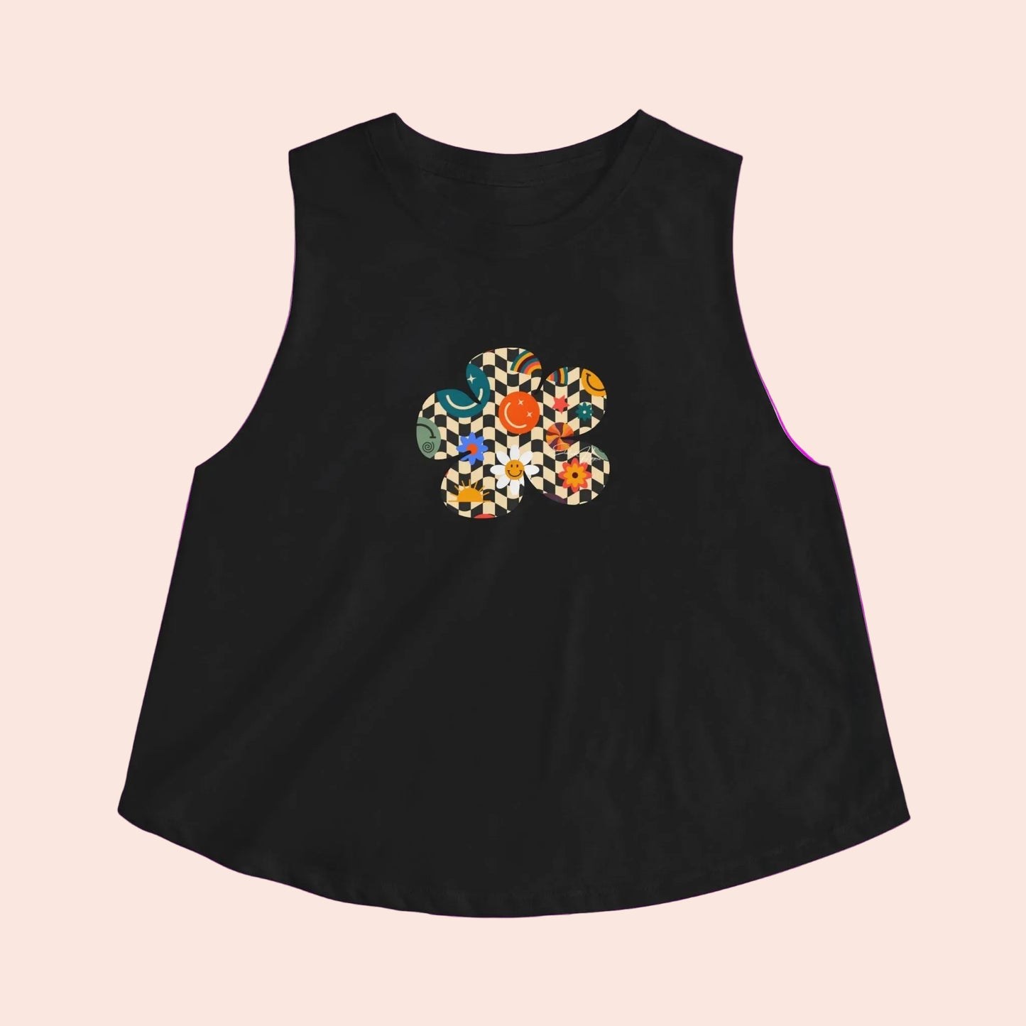 Elated Hippie Checkerboard Flower Crop Top — Retro Pastel Floral Graphic Tank for Women