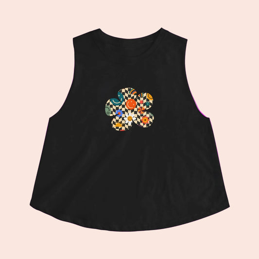Elated Hippie Checkerboard Flower Crop Top — Retro Pastel Floral Graphic Tank for Women