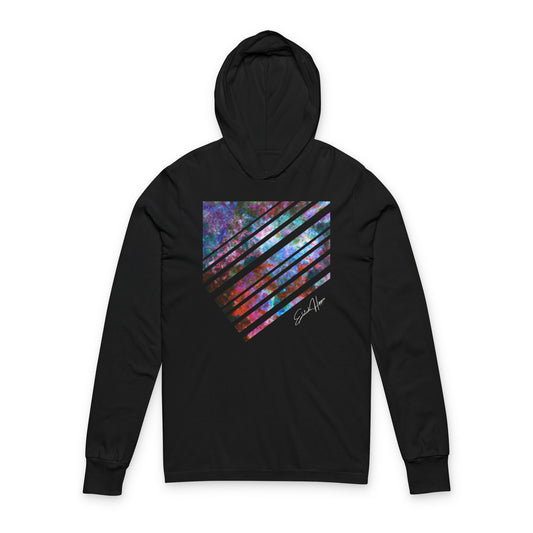 Elated Hippie Cosmic Stripes Vibes Unisex Hooded Long Sleeve Tee, Astronaut Gift, Galaxy Print Shirt, Space Theme Apparel, Trendy Streetwear, Comfort Wear