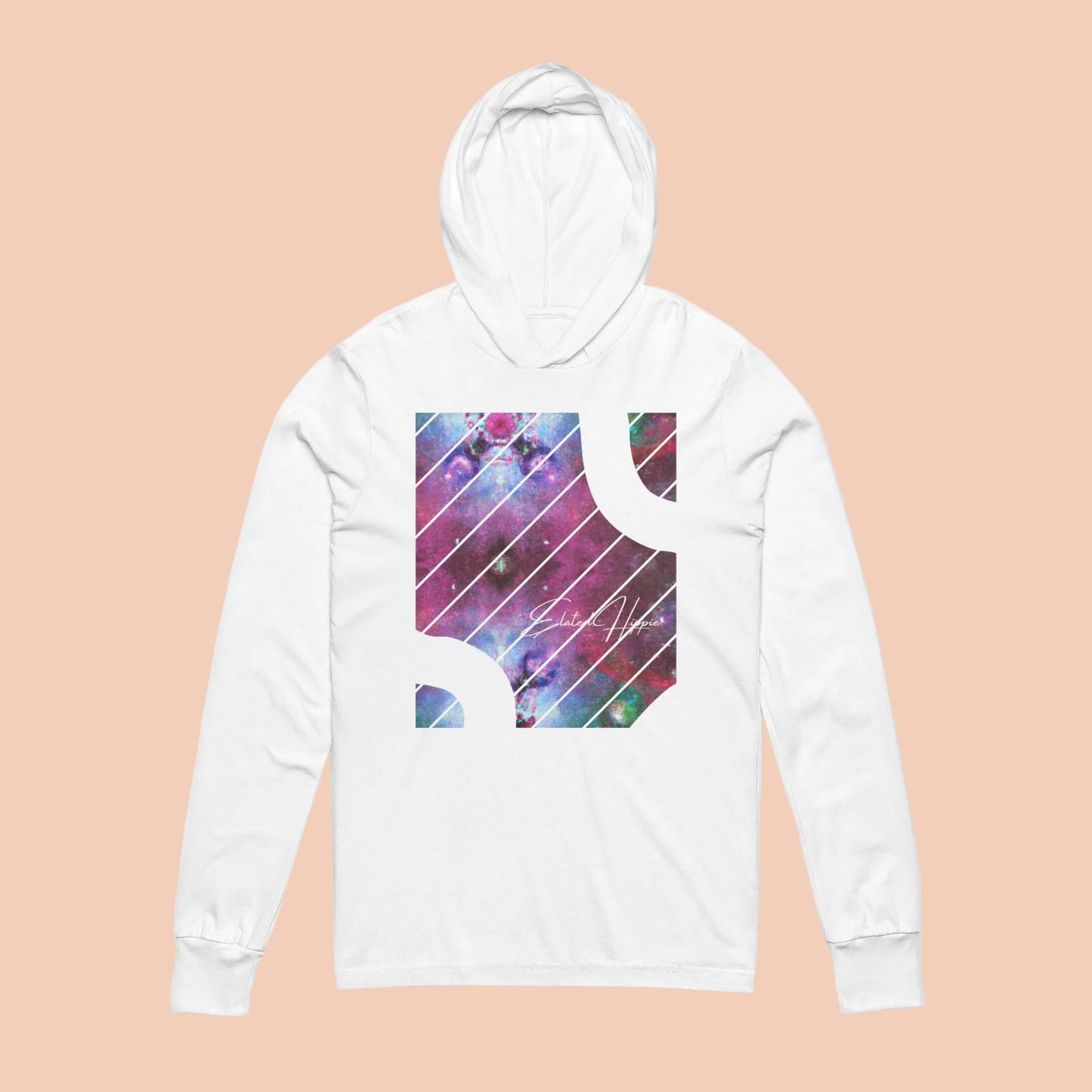 Elated Hippie Cosmic 100% Airlume Cotton Unisex Hooded Long Sleeve Tee,  Astronaut Gift, Galaxy Print Shirt, Space Theme Apparel, Trendy Streetwear, Comfort Wear