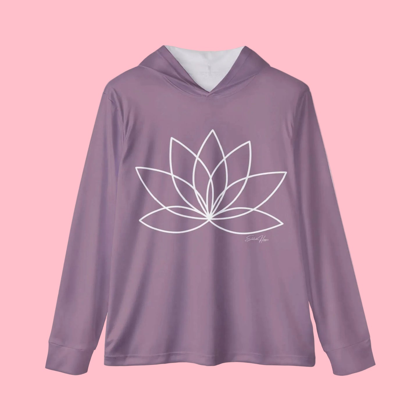 Purple hoodie with a white lotus flower design on a white background