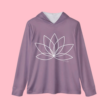 Purple hoodie with a white lotus flower design on a white background