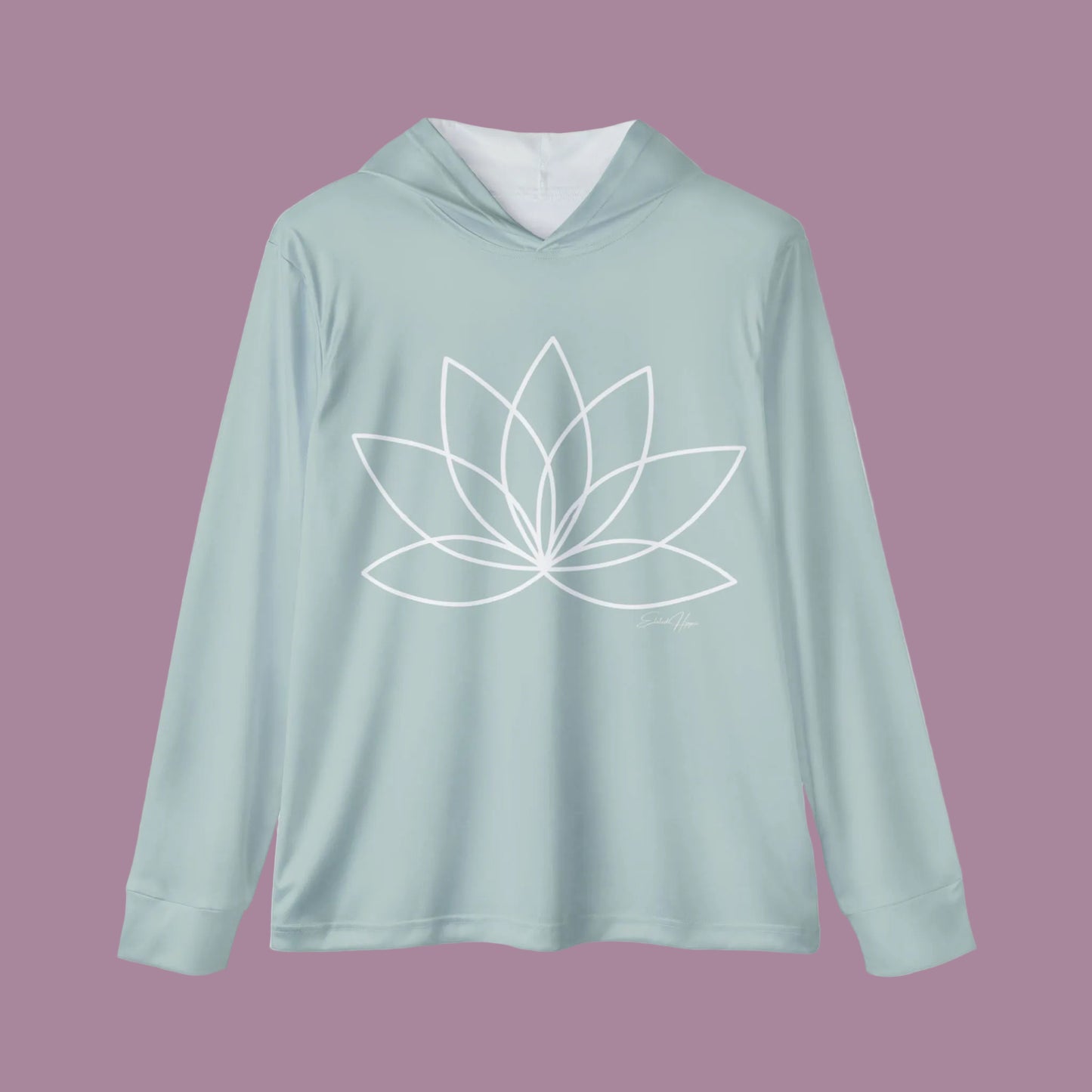 Light blue hoodie with a white lotus flower design on a white background