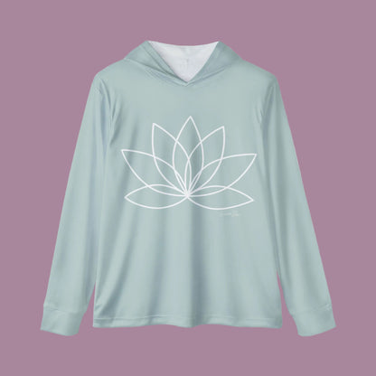 Light blue hoodie with a white lotus flower design on a white background
