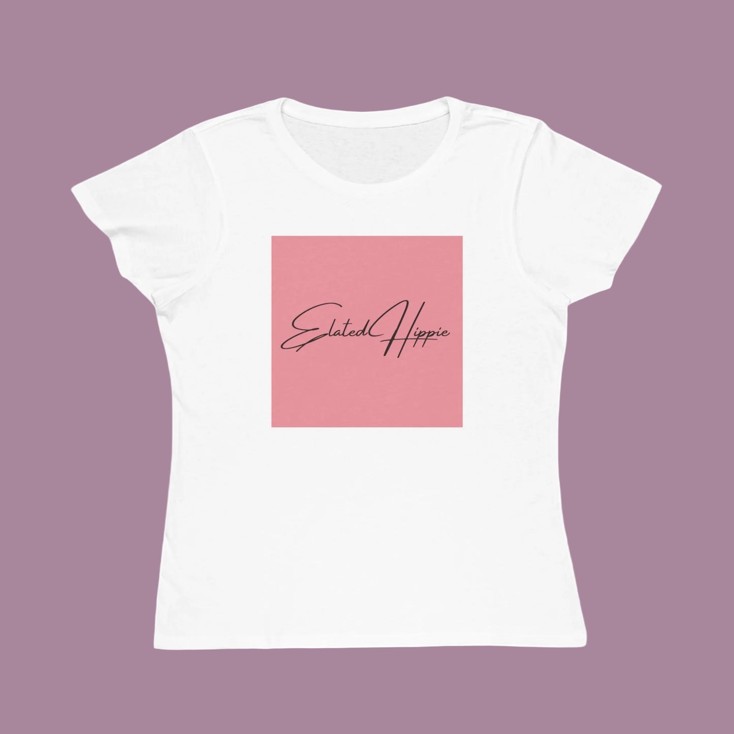 White t-shirt with a pink square featuring 'Elated Hippie' text on a white background