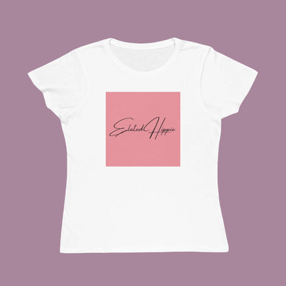 White t-shirt with a pink square featuring 'Elated Hippie' text on a white background