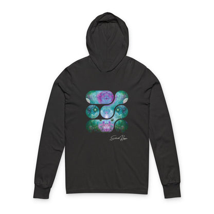Elated Hippie 100% Airlume Cotton Cosmic Vibes Unisex Hooded Long Sleeve Tee, Astronaut Gift, Galaxy Print Shirt, Space Theme Apparel, Trendy Streetwear