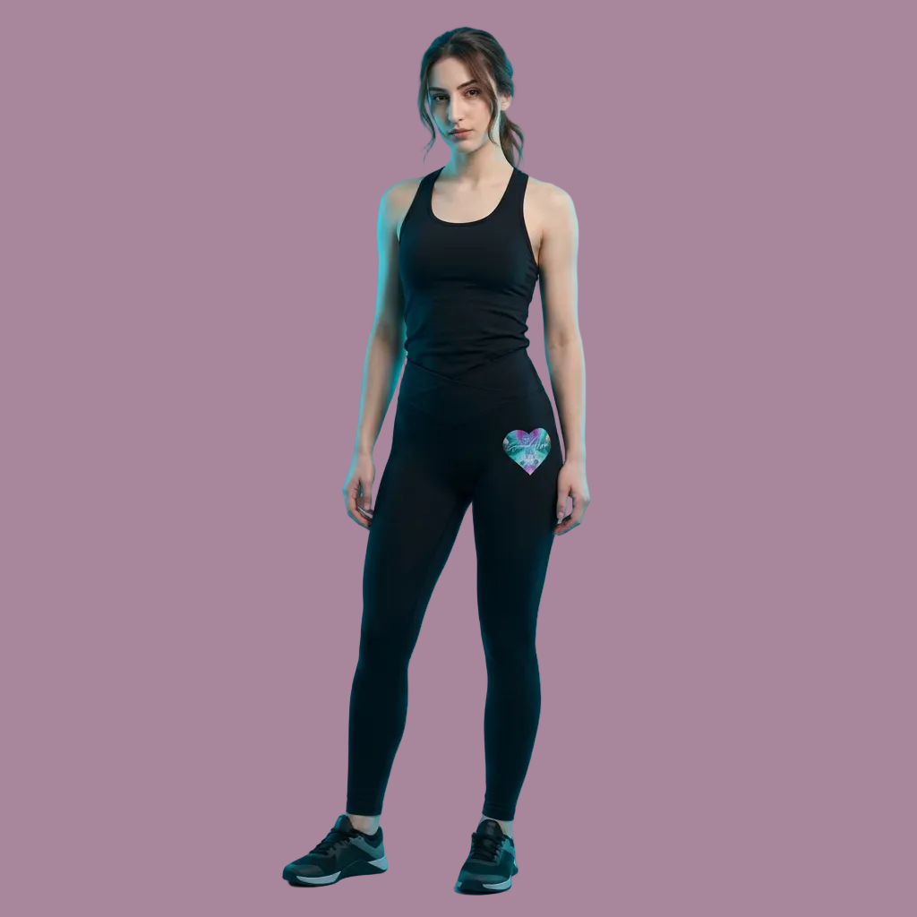 Woman wearing a black athletic outfit with a colorful heart design on a blue background