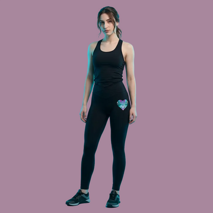 Woman wearing a black athletic outfit with a colorful heart design on a blue background