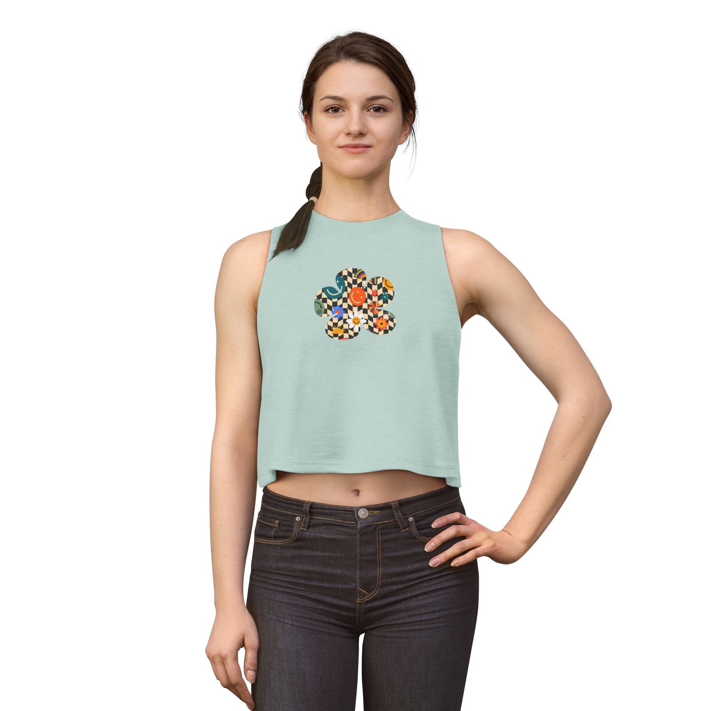 Elated Hippie Checkerboard Flower Crop Top — Retro Pastel Floral Graphic Tank for Women