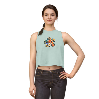 Elated Hippie Checkerboard Flower Crop Top — Retro Pastel Floral Graphic Tank for Women