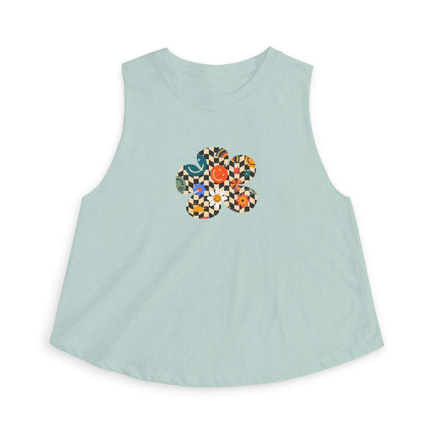 Elated Hippie Checkerboard Flower Crop Top — Retro Pastel Floral Graphic Tank for Women