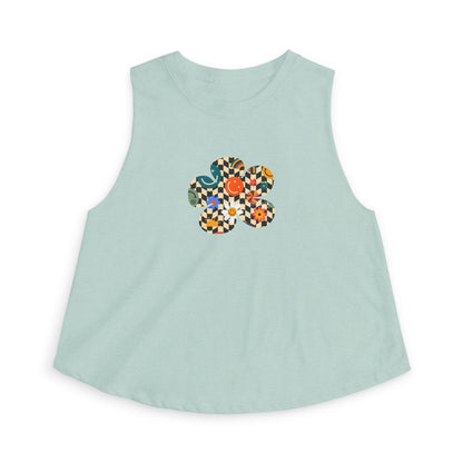 Elated Hippie Checkerboard Flower Crop Top — Retro Pastel Floral Graphic Tank for Women