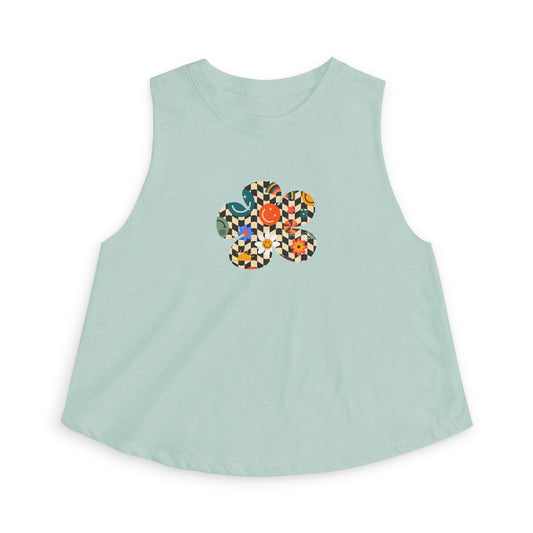 Elated Hippie Checkerboard Flower Crop Top — Retro Pastel Floral Graphic Tank for Women