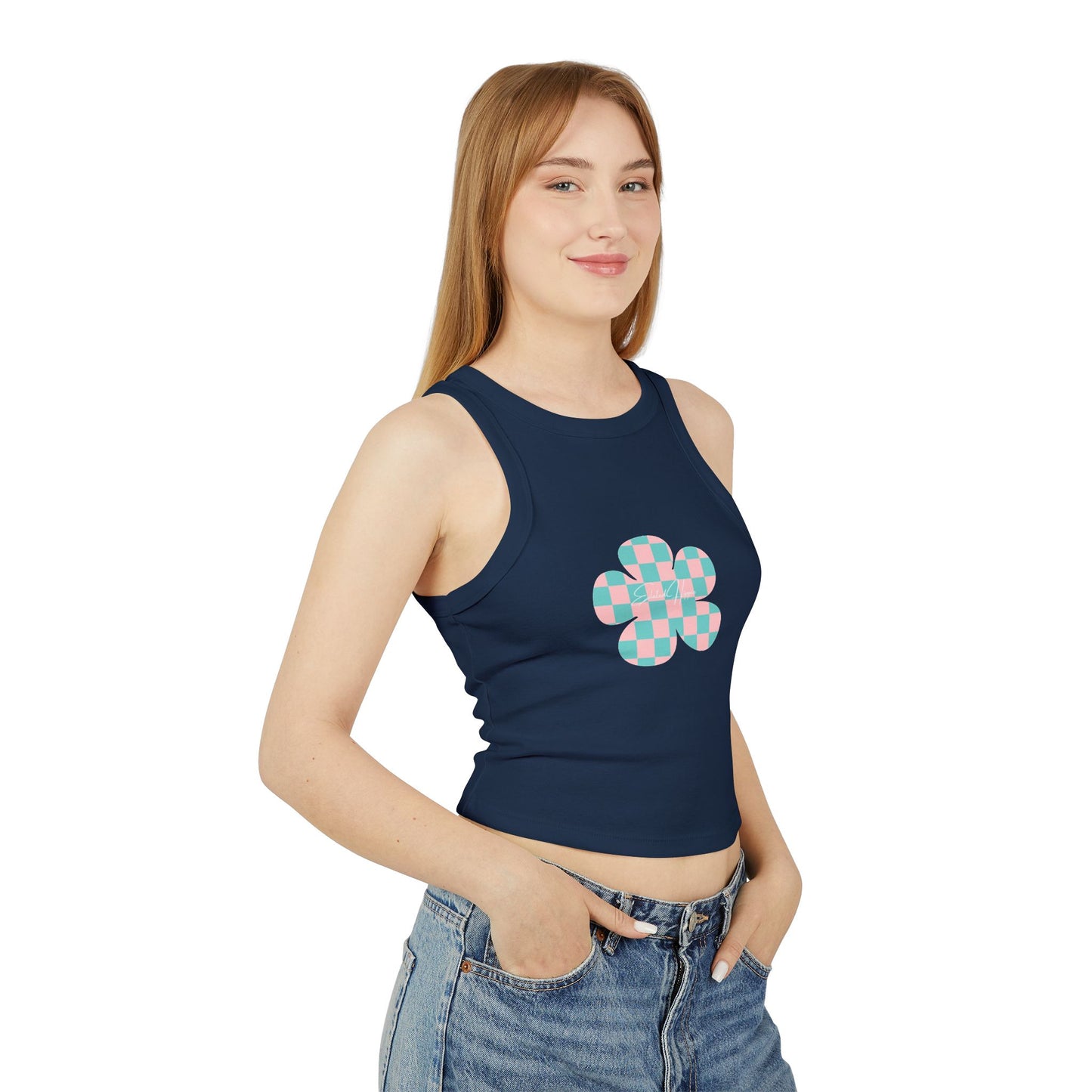 Elated Hippie Playful Checker Flower Racer Tank Top for Women - Perfect for Summer Vibes!