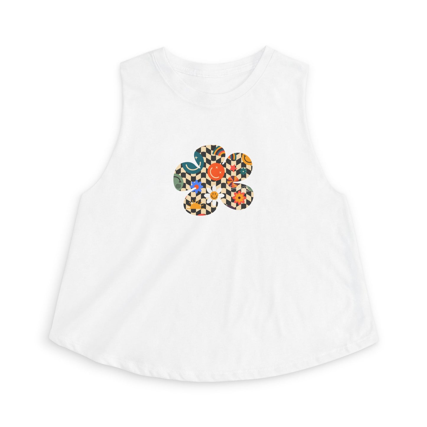 Elated Hippie Checkerboard Flower Crop Top — Retro Pastel Floral Graphic Tank for Women