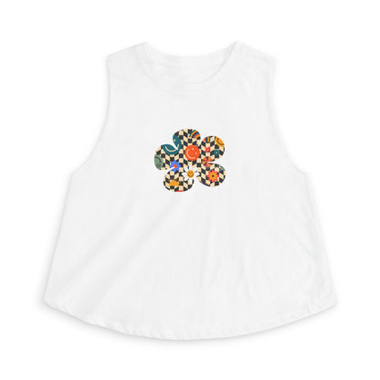 Elated Hippie Checkerboard Flower Crop Top — Retro Pastel Floral Graphic Tank for Women
