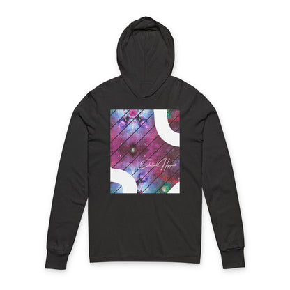 Elated Hippie Cosmic 100% Airlume Cotton Unisex Hooded Long Sleeve Tee,  Astronaut Gift, Galaxy Print Shirt, Space Theme Apparel, Trendy Streetwear, Comfort Wear