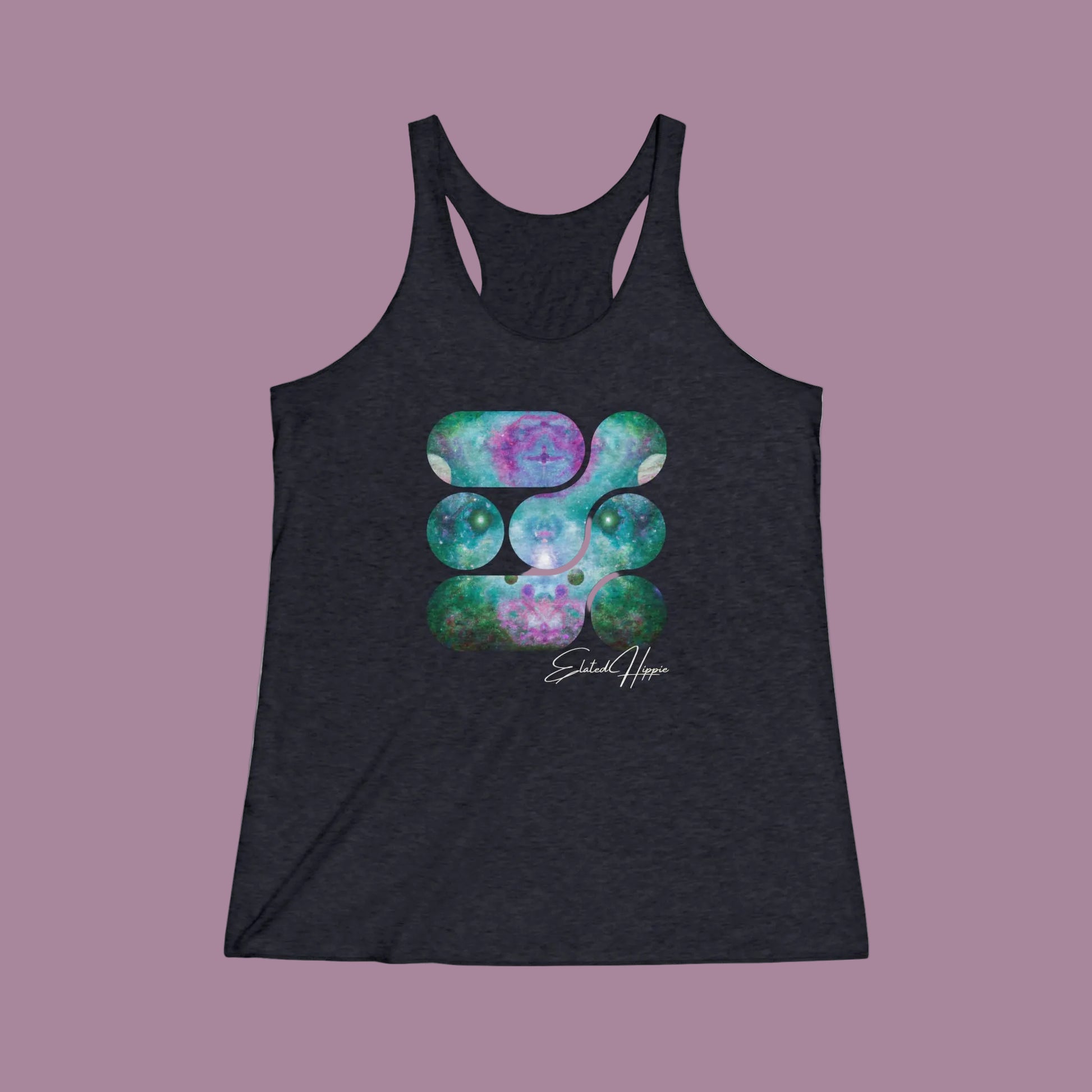 Black tank top with colorful abstract design and 'Equate Hope' text on a white background