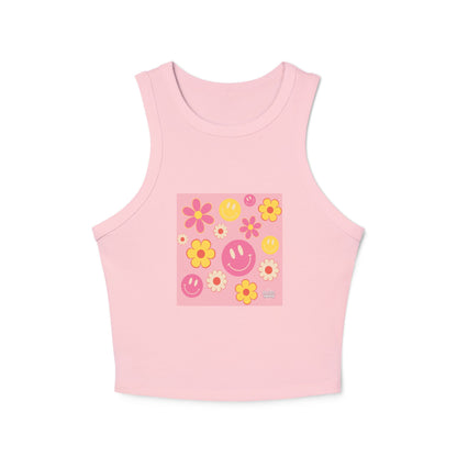 Playful Floral Smiley Racer Tank Top for Women - Perfect for Summer Vibes!