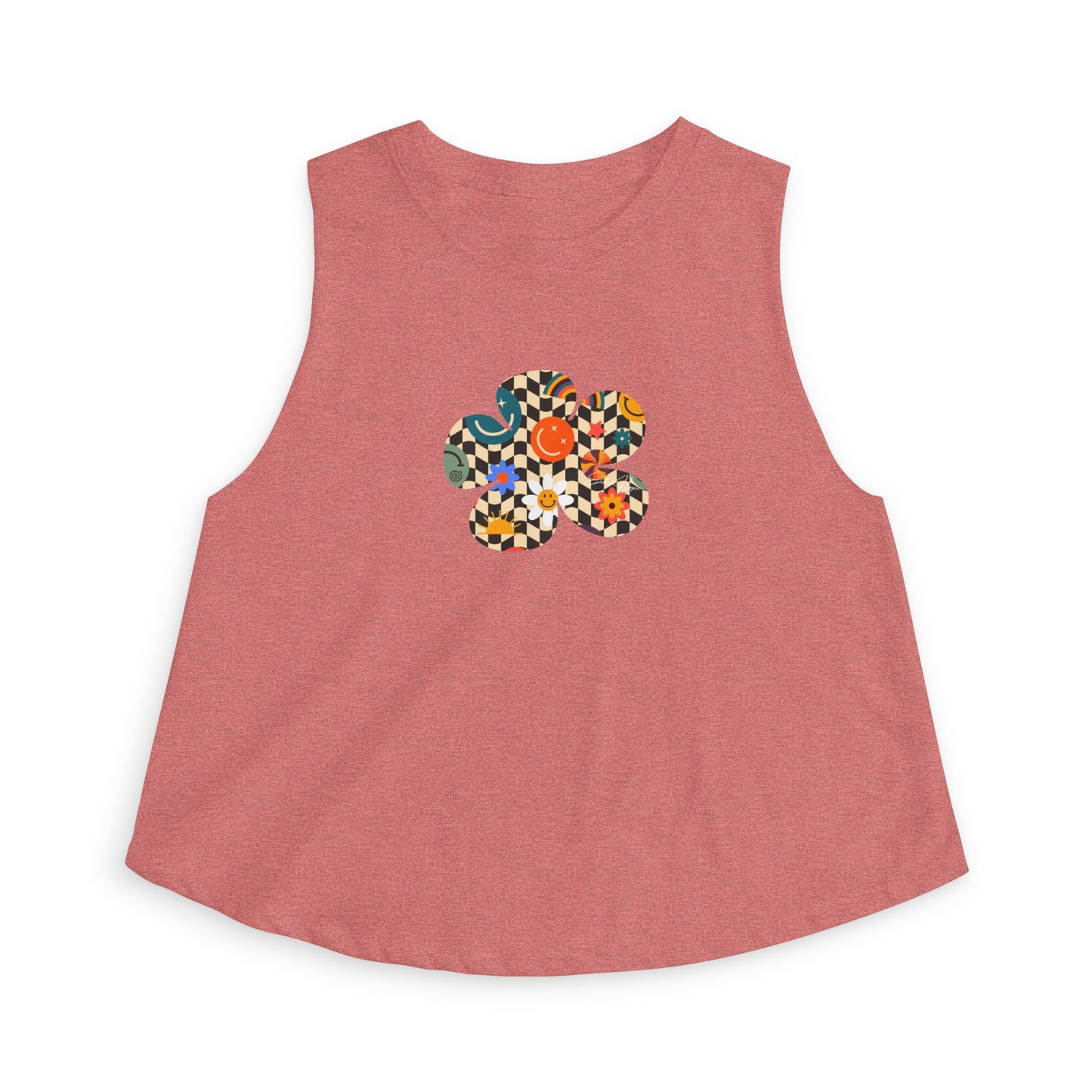 Elated Hippie Checkerboard Flower Crop Top — Retro Pastel Floral Graphic Tank for Women