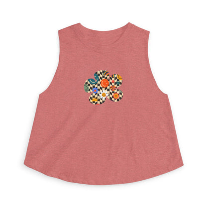 Elated Hippie Checkerboard Flower Crop Top — Retro Pastel Floral Graphic Tank for Women