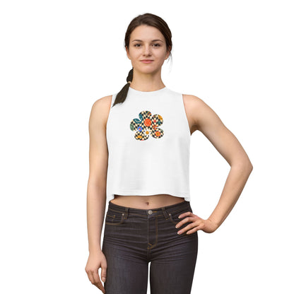 Elated Hippie Checkerboard Flower Crop Top — Retro Pastel Floral Graphic Tank for Women