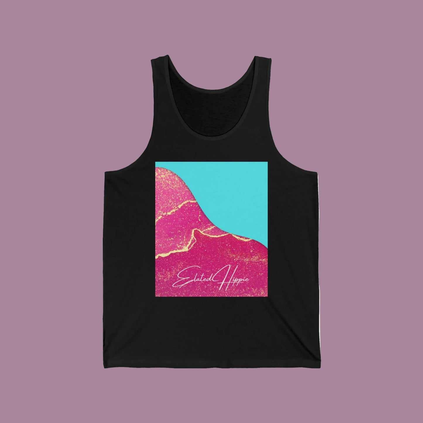 Black tank top with a colorful abstract design and 'Elevate Hope' text on a white background