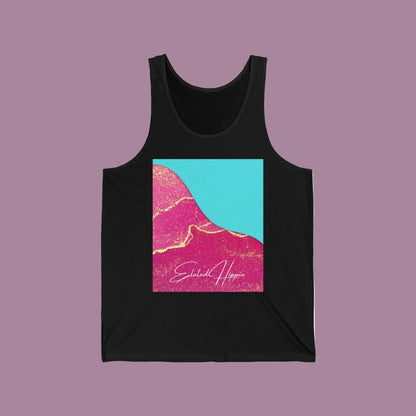 Black tank top with a colorful abstract design and 'Elevate Hope' text on a white background