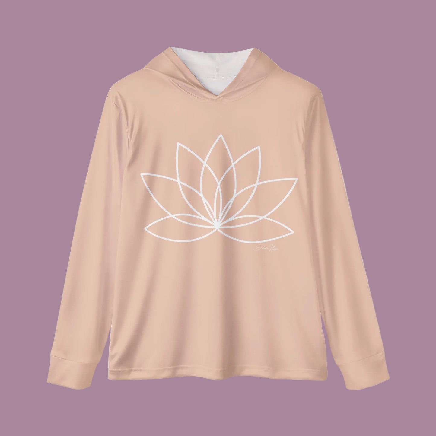 Beige hoodie with a white lotus flower design on a white background
