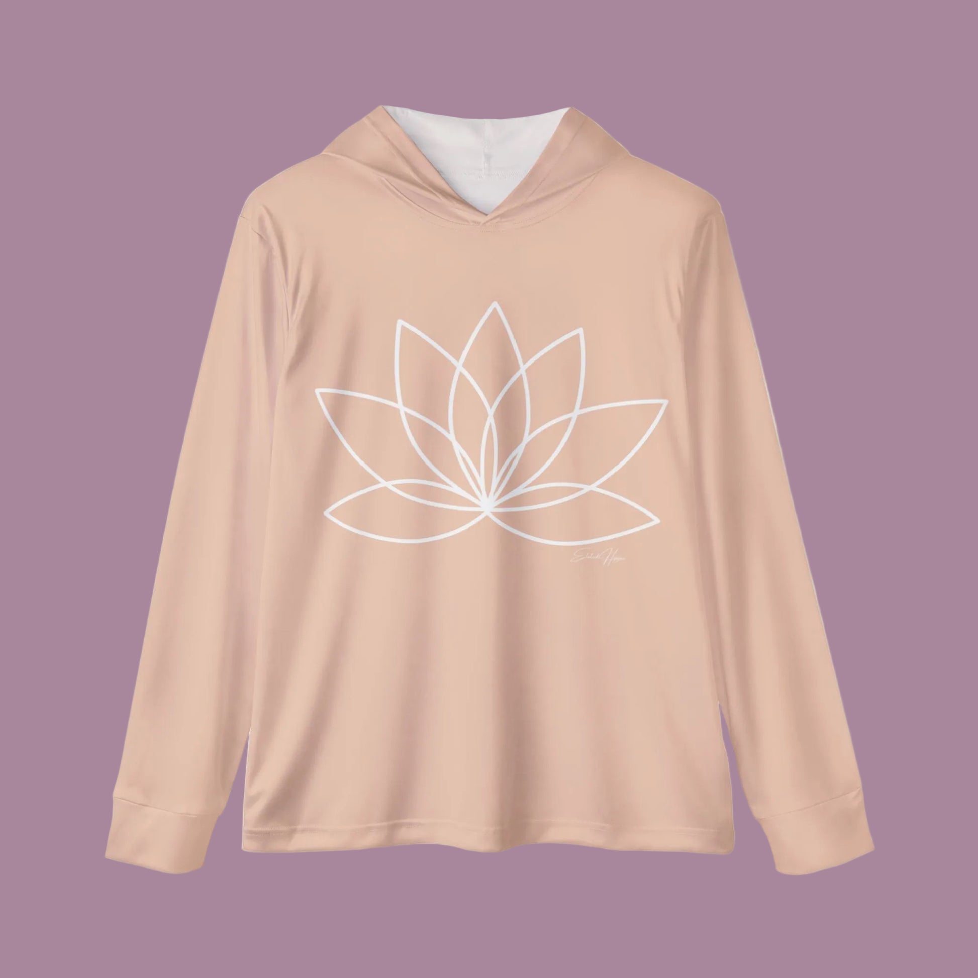 Beige hoodie with a white lotus flower design on a white background