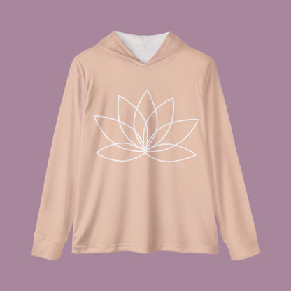 Beige hoodie with a white lotus flower design on a white background
