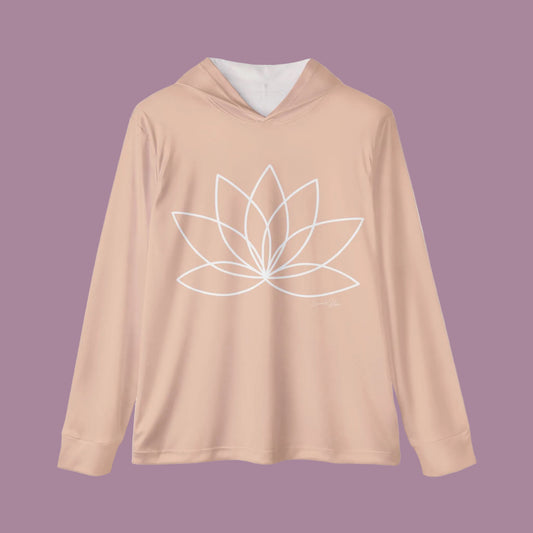 Beige hoodie with a white lotus flower design on a white background