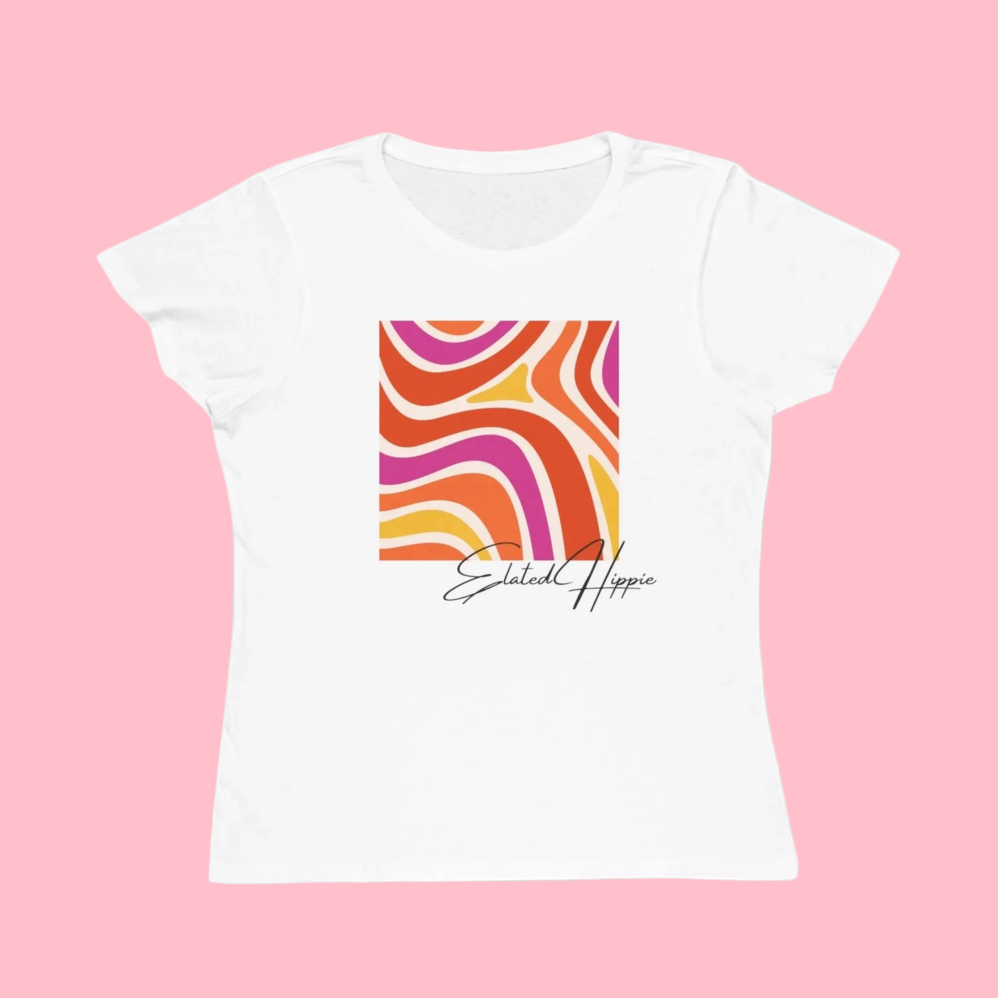 White t-shirt with colorful abstract design and 'Ellel' branding on a white background