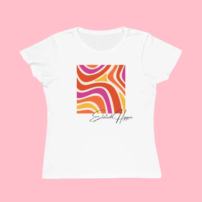 White t-shirt with colorful abstract design and 'Ellel' branding on a white background