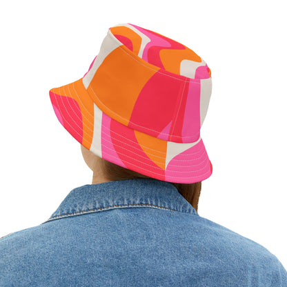 Elated Hippie Colorful Retro Bucket Hat - Vibrant Pink and Orange Design