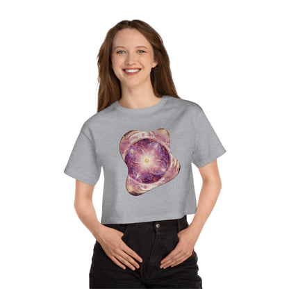Elated Hippie 100% Cotton Lunar Elegance Flower of Life Cropped T-Shirt for Women, Boho Style Tee, Cosmic Print Top, Summer Fashion, Festival Wear, Gifts for Her