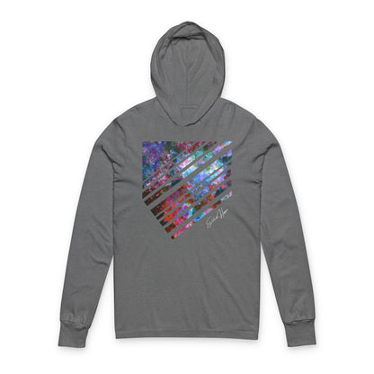 Elated Hippie Cosmic Stripes Vibes Unisex Hooded Long Sleeve Tee, Astronaut Gift, Galaxy Print Shirt, Space Theme Apparel, Trendy Streetwear, Comfort Wear