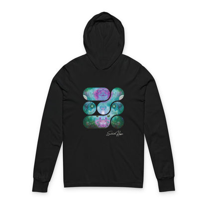 Elated Hippie 100% Airlume Cotton Cosmic Vibes Unisex Hooded Long Sleeve Tee, Astronaut Gift, Galaxy Print Shirt, Space Theme Apparel, Trendy Streetwear