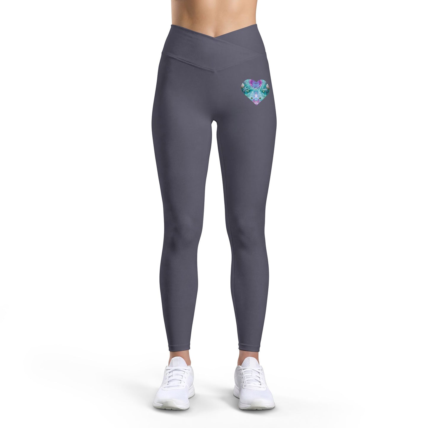 Elated Hipppie Heart Accent Women’s Leggings — Teal Violet Watercolor Hip Hearts