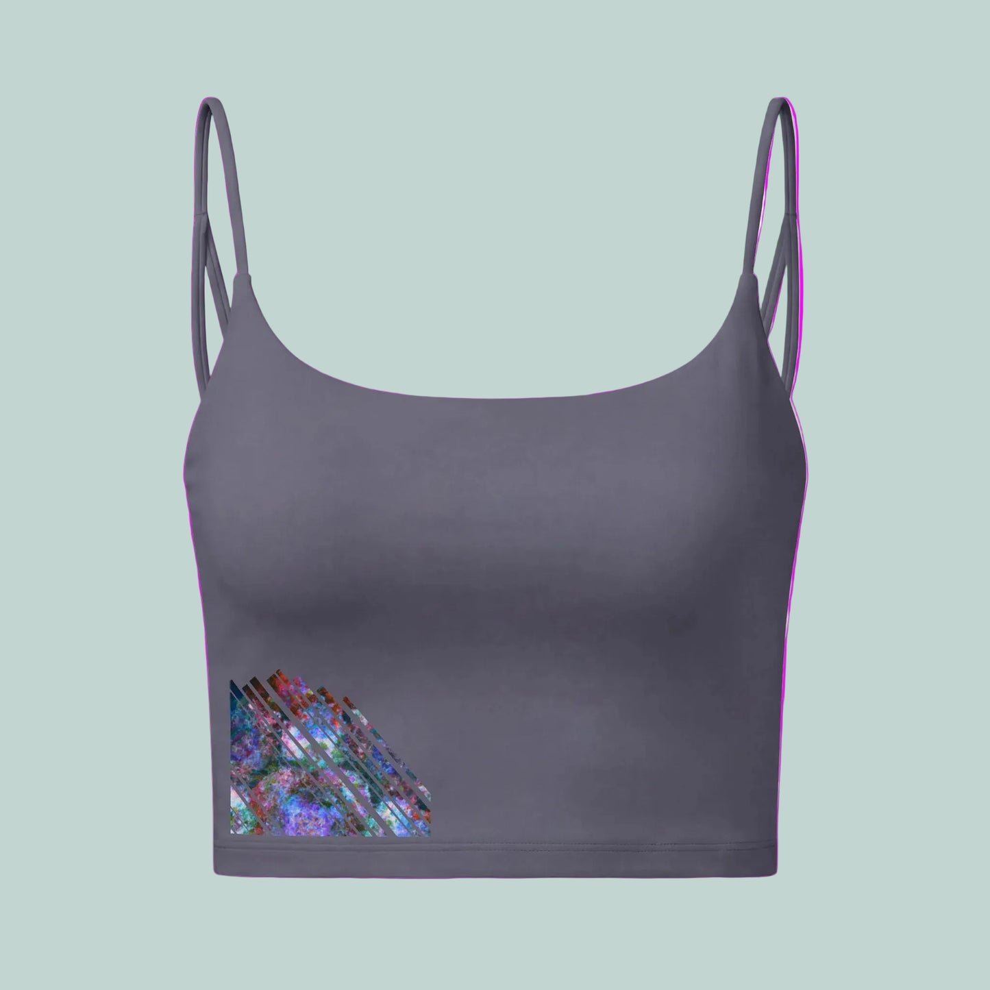 Gray crop top with a colorful geometric design on a white background