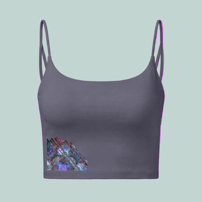 Gray crop top with a colorful geometric design on a white background