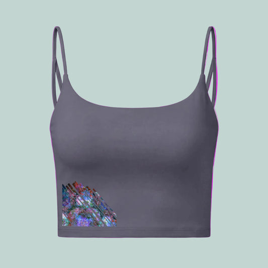 Gray crop top with a colorful geometric design on a white background