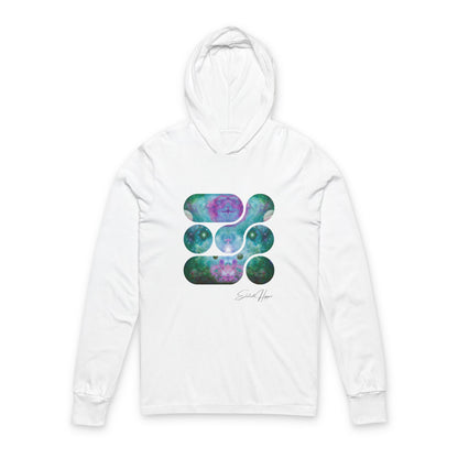 Elated Hippie 100% Airlume Cotton Cosmic Vibes Unisex Hooded Long Sleeve Tee, Astronaut Gift, Galaxy Print Shirt, Space Theme Apparel, Trendy Streetwear